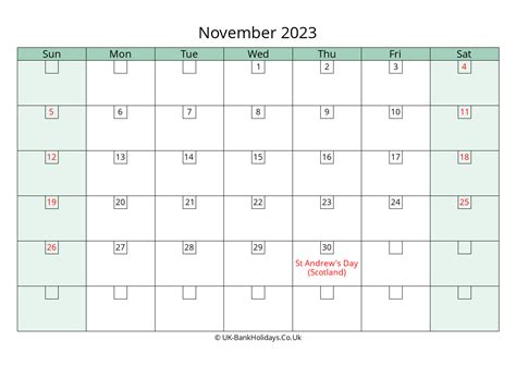 November 2023 Calendar Printable With Bank Holidays Uk
