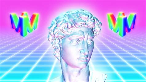 Vaporwave Aesthetic Statue On 80s Neon Glow Grid With Spinning Logo