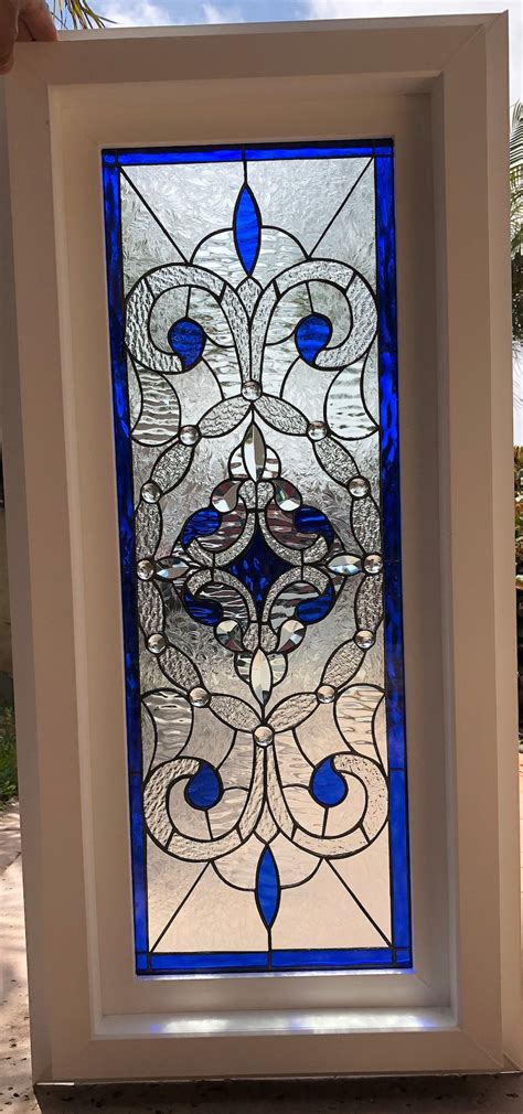 stained beveled glass window panel vinyl frame insulated etsy