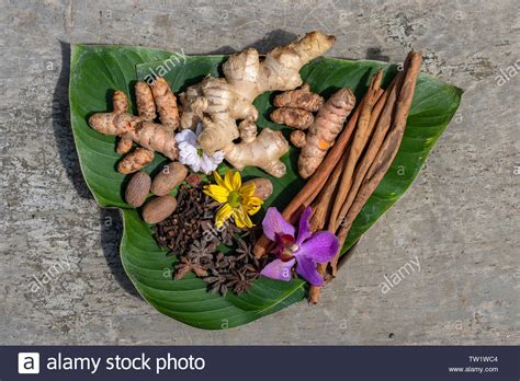 Fragrant Spices On A Green Leaf Close Up Top View Indonesia Stock