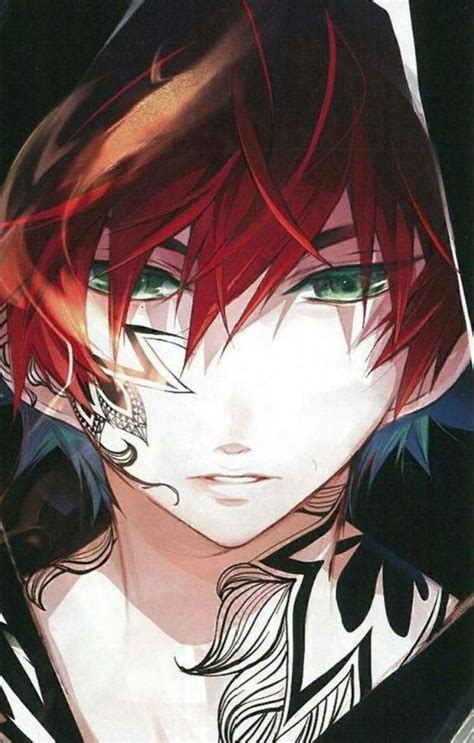 Anime Guy Red Hair Green Eyes Tattoos Hood Art Anime