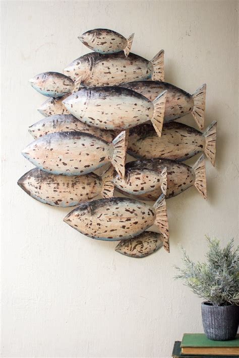 Painted Recycled Metal School Of Fish Wall Decor Fish Wall Decor Diy