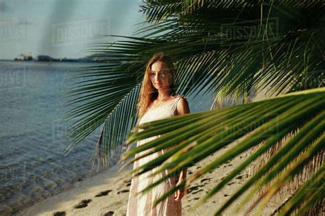 Attractive Woman Standing Between Palm Tree Leaves On Ocean Beach Stock Photo Dissolve