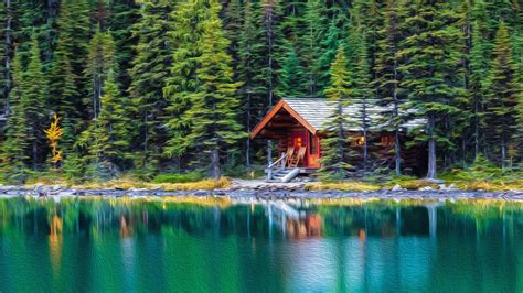 Lakeside Cabin Oil On Canvas 4k Ultra Hd Wallpaper Background Image