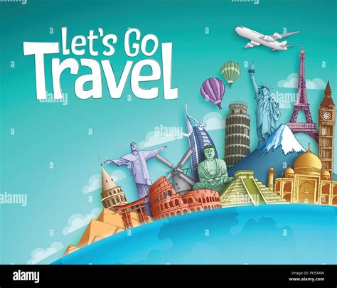Lets Go Travel Vector Banner Background Design With World Famous