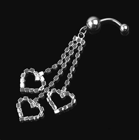 1pcs Silver Heart Rhinestone Chain Dangle Barbell Belly Button Navel Ring Bar Piercing Na586 On