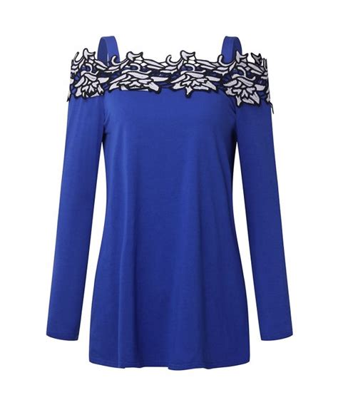 Womens Off Shoulder Blouse Sexy Plus Size Tops Long Sleeve Strap Embroidered Shirts Blue