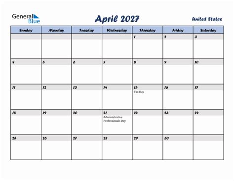 April 2027 Monthly Calendar With United States Holidays