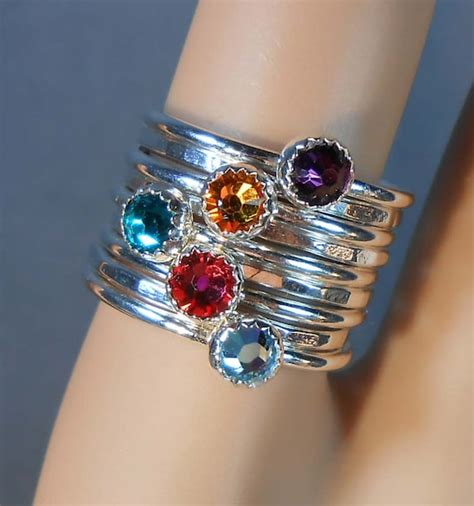 9 Ring Set 5 Birthstone Stacking Rings Sterling Silver W 4