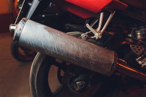 Rear View Of Classical Motorcycle Pair Of Exhaust Chrome Pipes Selective Focus Stock Image