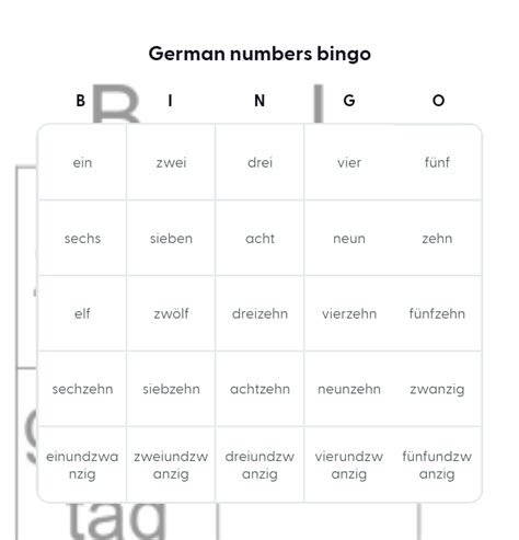 German Numbers Bingo Card Template Bingo Card Creator
