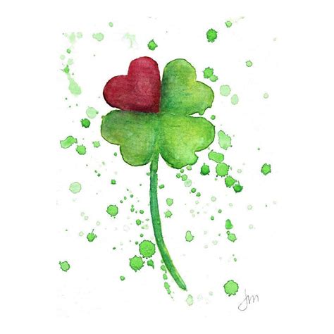 Four Leaf Clover Heart Splatter Watercolor Print Wall Decor Etsy Four Leaf Clover Drawing