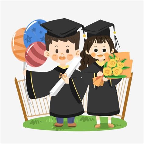 Two People In Graduation Caps And Gowns Are Holding Flowers With