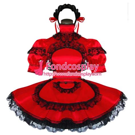Sexy Sissy Maid Dress Red Satin Lockable Uniform Cosplay Costume Custom Made On