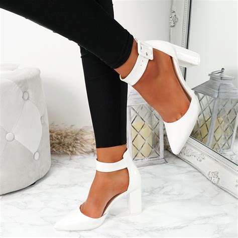 Womens Ladies Ankle Strap High Heel Court Pumps Pointed Toe Block Heel