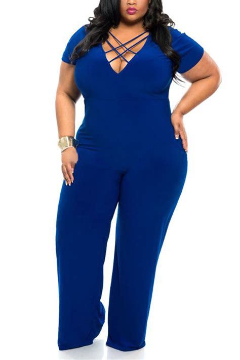 Plus Size Jumpsuit In Blue With Lace Up Detail Us1795 Plus Size Jumpsuit Jumpsuit