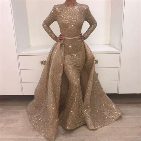 Arabic Gold Prom Dresses 2019 With Detachable Train O Neck Long Sleeves