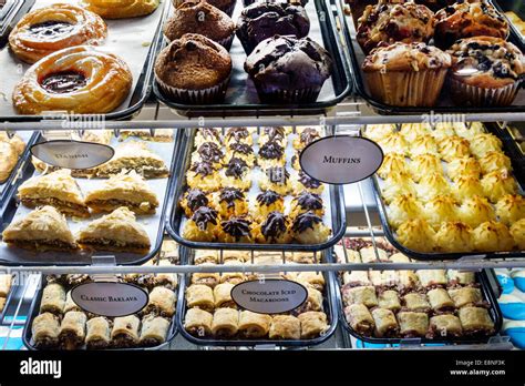 Florida Boca Raton Bakery Display Case Muffins Pastries Macaroons Stock