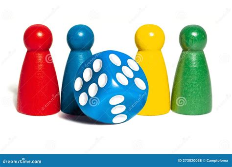 Four Board Game Pieces And Blue Dice Over A Plain Stock Photo Image