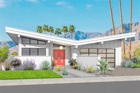 2 Bed Mid-Century Modern House Plan with Attached Garage ...