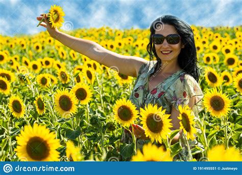 Joyful Woman In Sunflowers Field Stock Image Image Of Blossom