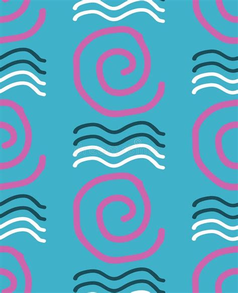 Hand Drawn Blue Waves And Spirals Seamless Pattern Repeating Graphic