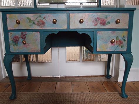 Painted Shabby Chic Dressing Table In Teal Decorated With Decoupage