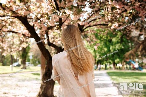 Blond Haired Woman By Blossoming Trees Stock Photo Picture And