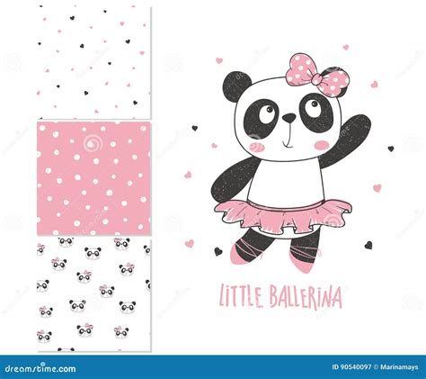 Little Panda Ballerina Surface Design And 3 Seamless Patterns Stock