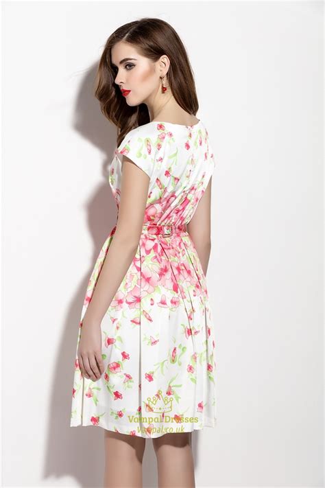 Floral Print Cap Sleeve Summer Dress With Bow Belt Vampal Dresses