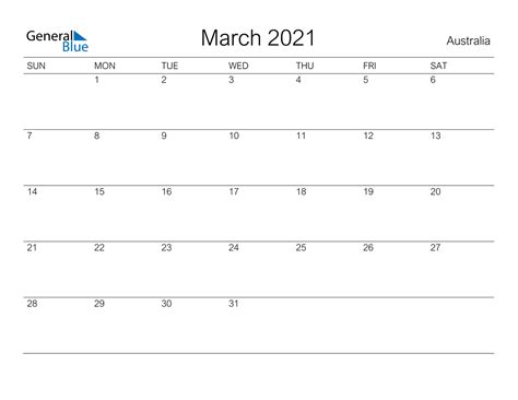 There are many daily holidays and special days, with one or more on every day of the year. March 2021 Calendar - Australia