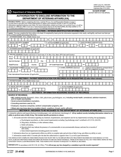 Va Form 21 4142 Authorization To Disclose Information To The