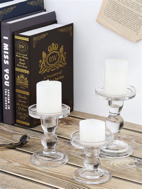 شمعدان كريستال كاندل ستيكس زجاج من لووندر، 3 قطع شمعدان شفاف كريستال بتصميم انيق للشموع