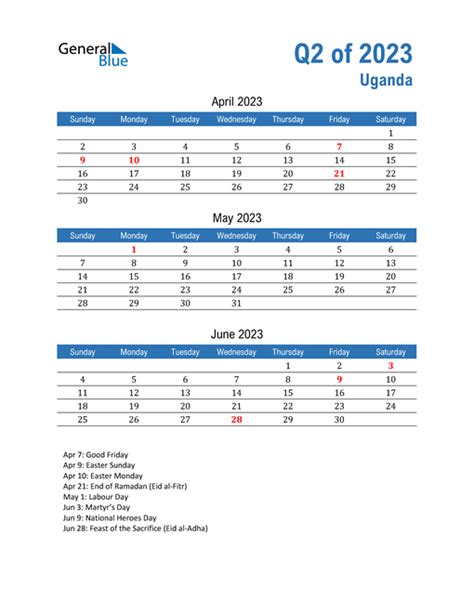 Q2 2023 Quarterly Calendar With Uganda Holidays
