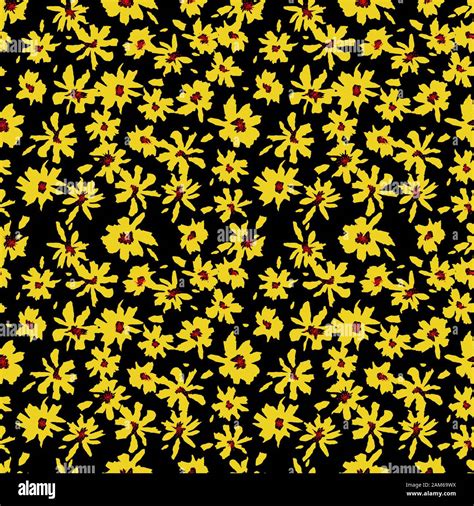 Yellow Flowers Seamless Pattern On Black Background Floral Print Of