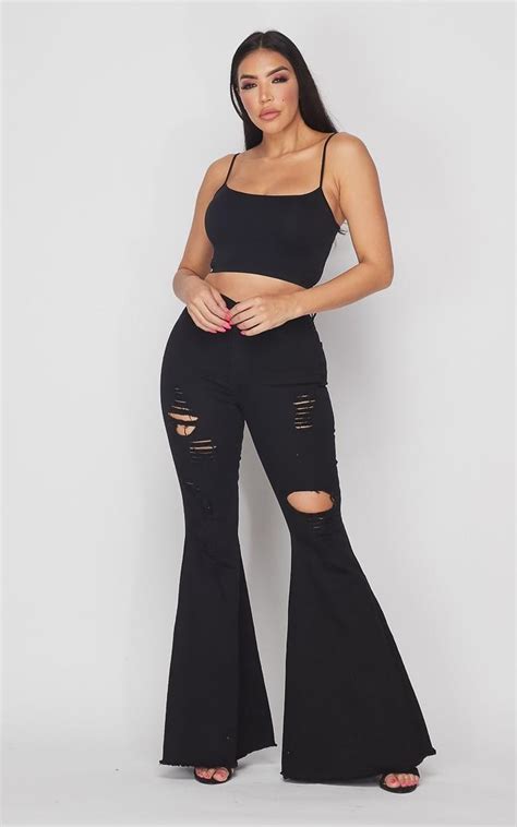 Vibrant Jeans Wide Flare Distressed Bell Bottom Jeans Black