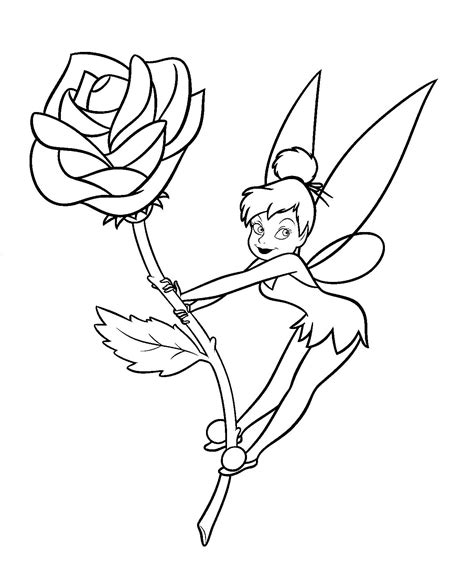 Tinkerbell Holding A Rose Coloring Page