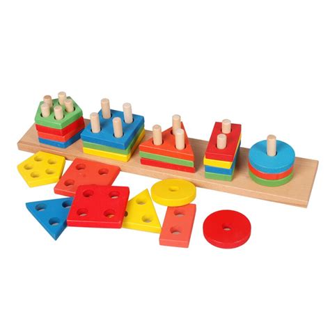 Montessori Wooden Toys For Children Geometry Shape Setting Pillar Game