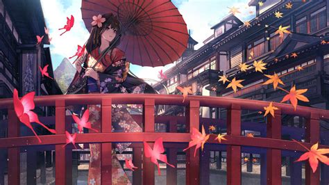 Anime Girl In Kimono Maple Leaf 4k 2950g Wallpaper Iphone Phone