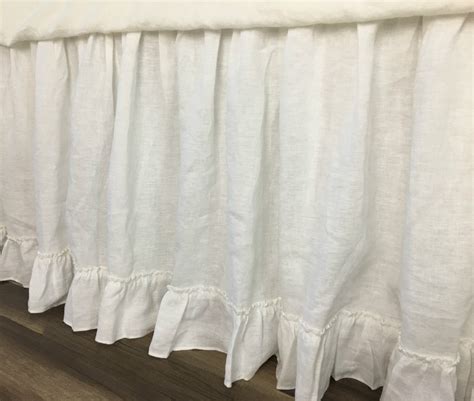 White Linen Gathered Bed Skirt With 4 Country Ruffle Hem