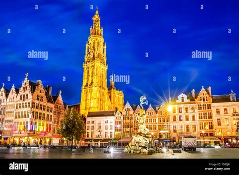 Antwerpen Belgium Night Scene In Downtown Antwerp Belgium Along