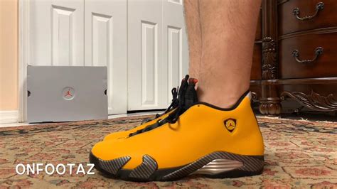 The lateral leather sides are presented with faded black perforated panels and quilted cloth material on the inner half. Air Jordan 14 XIV Yellow Reverse Ferrari On Foot - YouTube