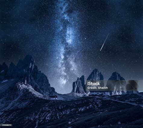 Milky Way Over Tre Cime Dolomites Mountain Hiking At Night Stock Photo