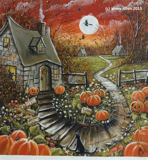 Ooak Original Painting Acrylic On Canvas Halloween Witch Wicca Fall Folk Art Halloween