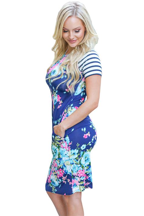 Sexy Royal Blue Striped Short Sleeve Body Hugging Floral Dress Sexy Affordable Clothing