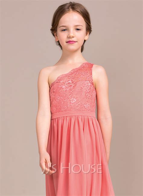 A Line One Shoulder Floor Length Chiffon Lace Junior Bridesmaid Dress