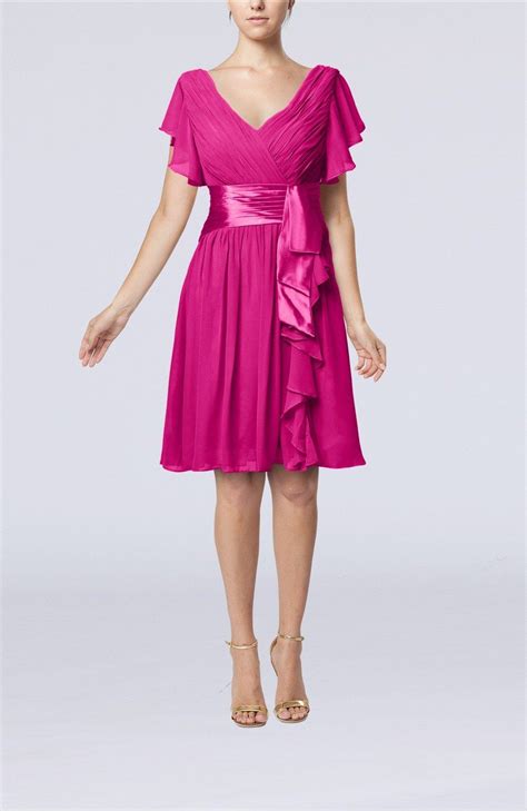 Hot Pink Guest Dress Romantic Short Sleeve Zip Up Knee Length Short