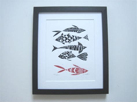Fishes Original Linocut Print Fish Lino Print Hand