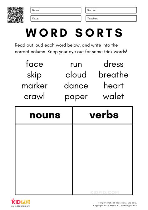 Identifying Nouns And Verbs Worksheet
