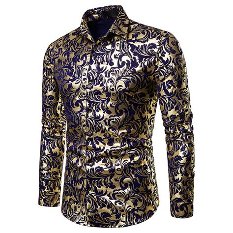 2020 floral print shirt men 2019 brand new gold bronzing long sleeve chemise homme fancy flower